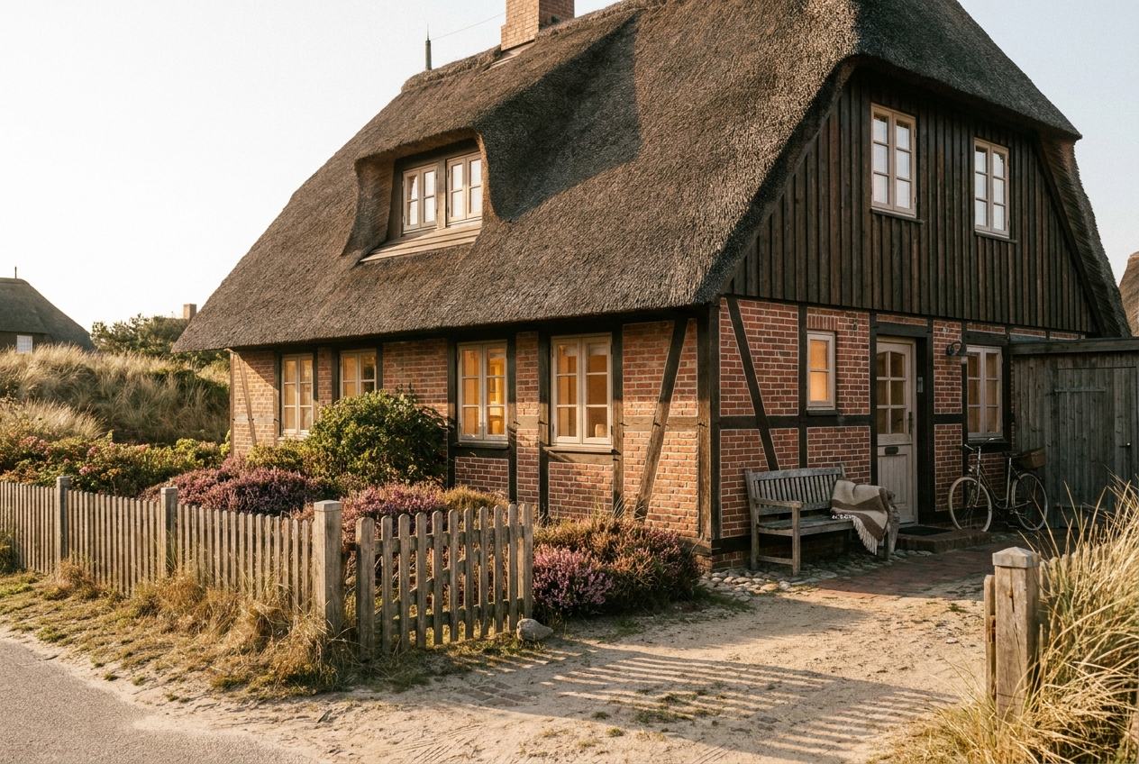 Sylter Reetdachhaus mit warm erleuchteten Fenstern