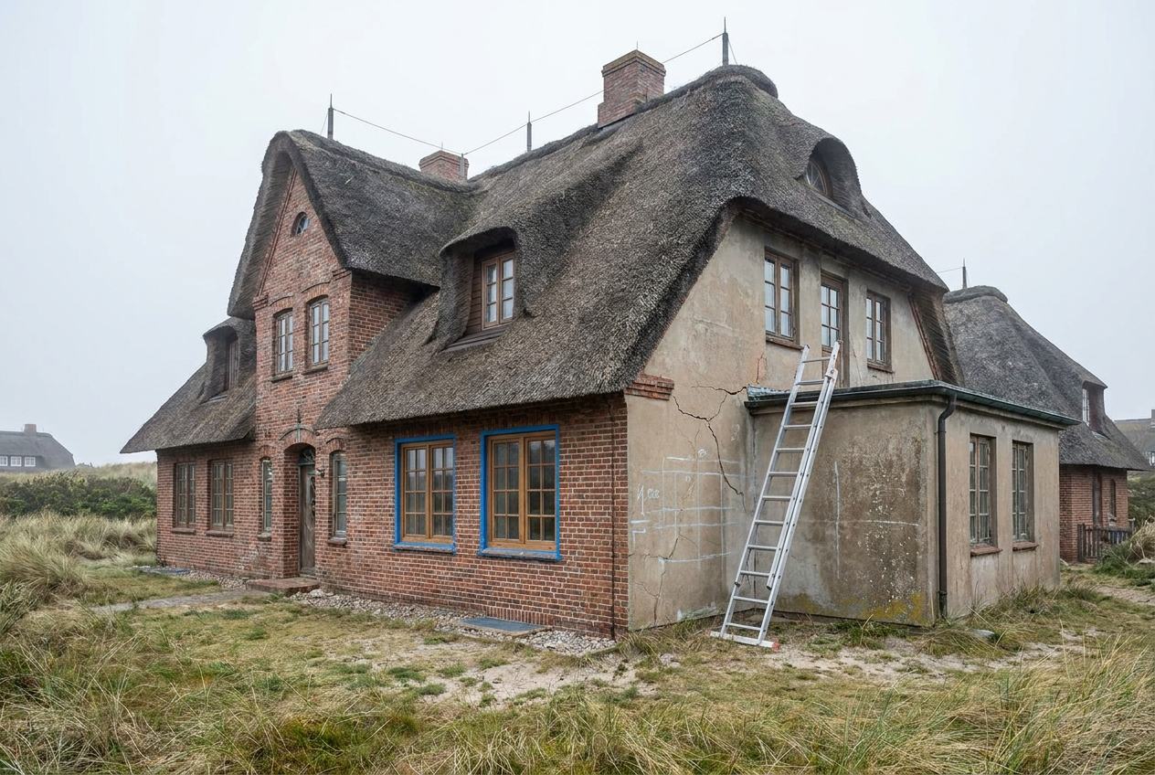 Alte Sylter Villa mit Leiter und Sanierungsvorbereitung
