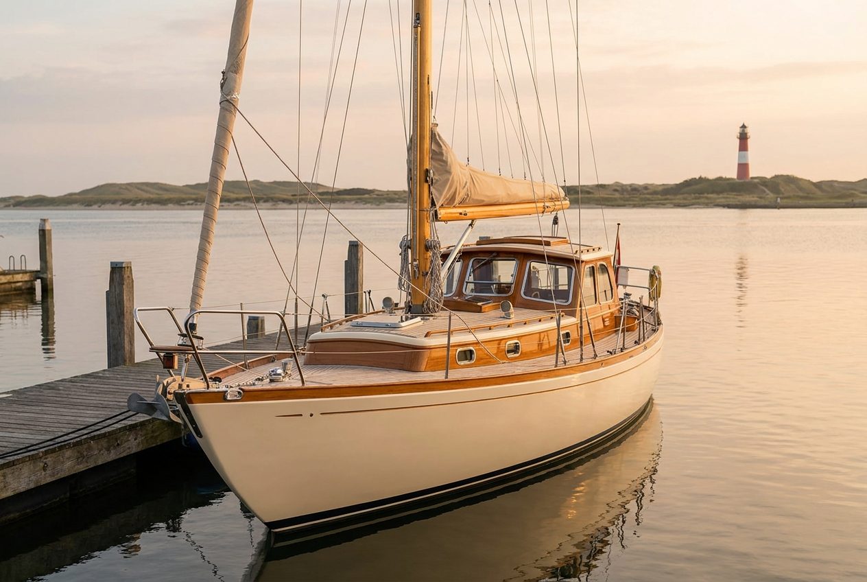 Segelyacht im Hafen von Hörnum bei Sonnenuntergang