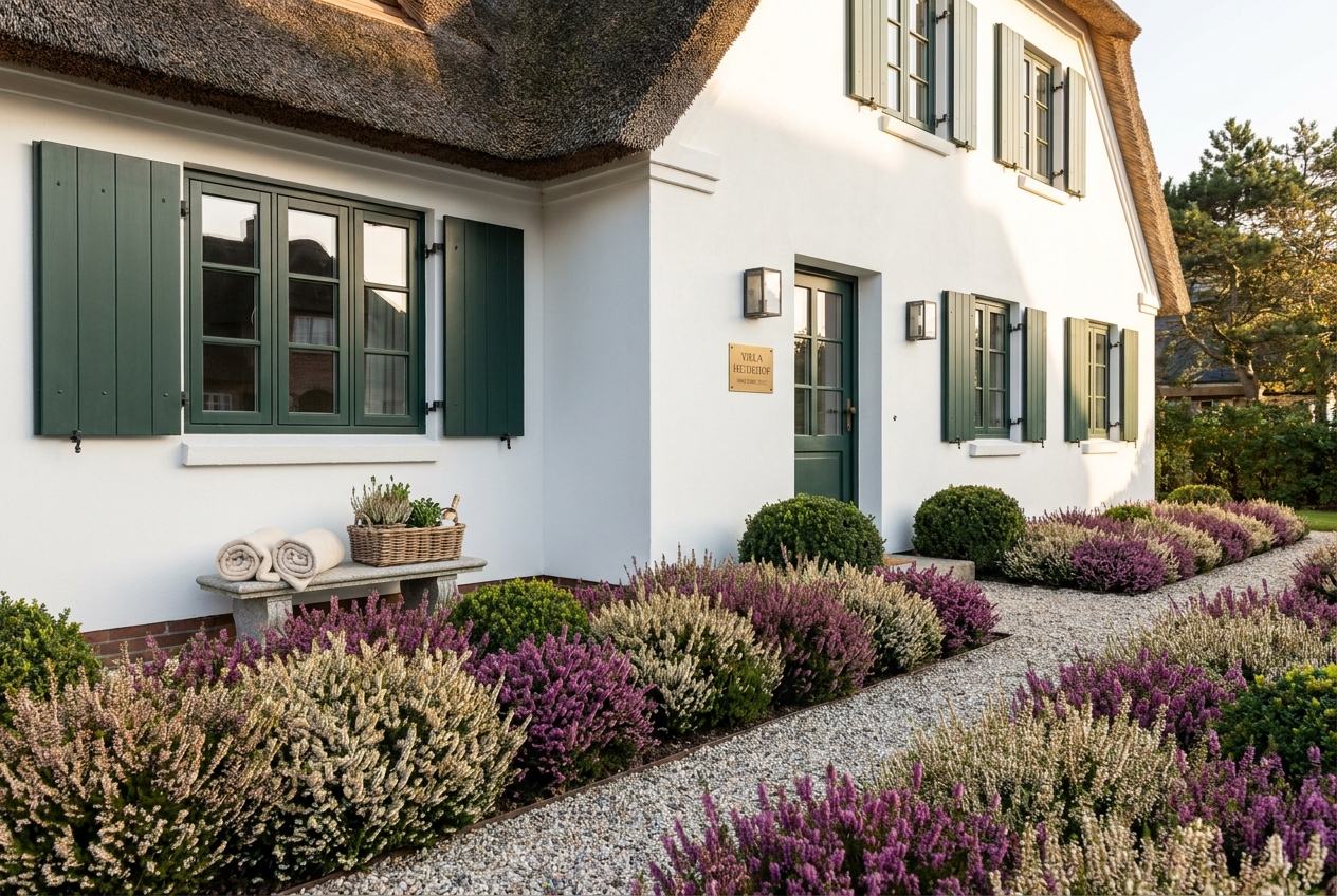 Restaurierte weiße Sylter Villa mit grünen Fensterläden